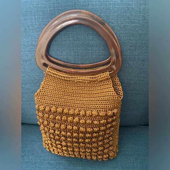 Vintage Crochet Rust Brown with Knots & Oval Lucite Handles Boho Handbag Purse - Picture 2 of 12